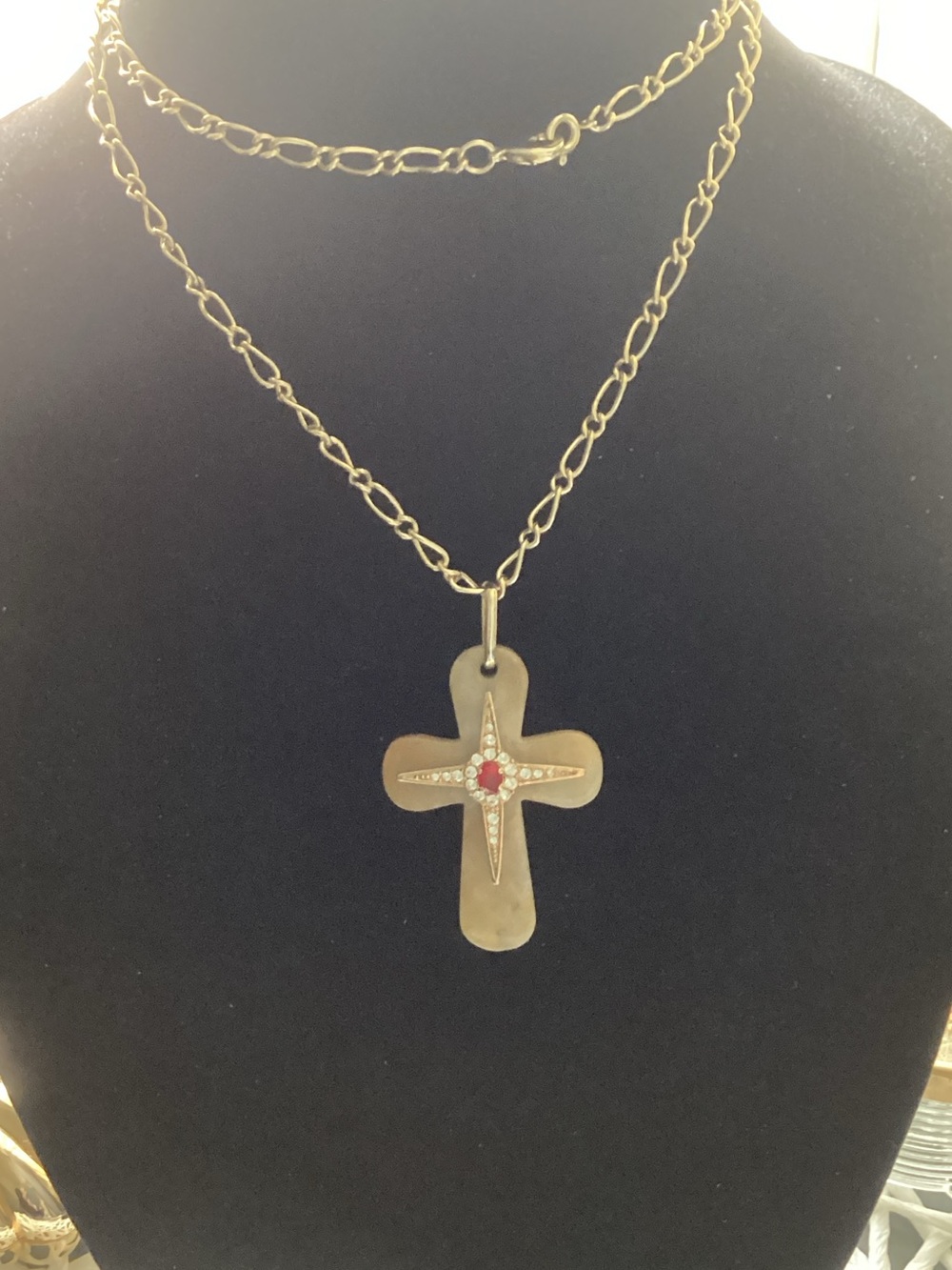 Gold Cross Pendant Necklace with Red Accent and Crystal Detail